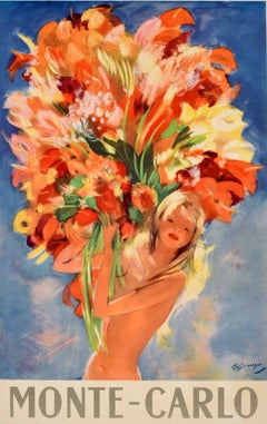 Original Vintage Monaco Travel Poster Monte Carlo Domergue Flower Girl