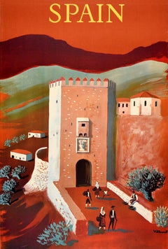 Original Vintage Travel Poster Spain Bernard Villemot Stone Castle Tower Espana