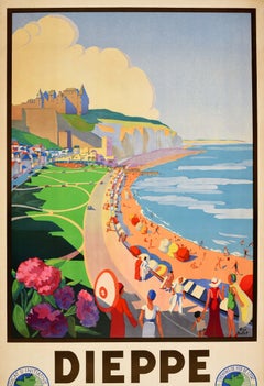 Affiche de voyage vintage originale : Dieppe, France – Plage, casino, golf, tennis, Art déco
