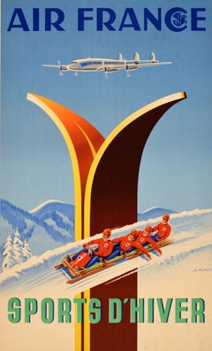 Original Vintage Travel Poster Air France Winter Sports Ski Bobsleigh Alexis Kow