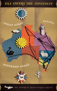Original Vntage Travel Advertising Poster TAA Covers The Continent Australia Map