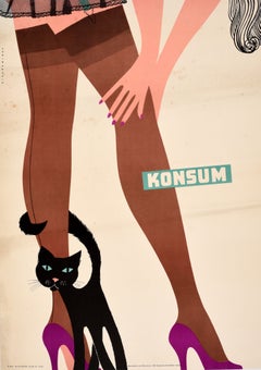 Affiche publicitaire vintage originale « Konsum » : jambes en bas, chat noir, mode