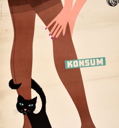 Affiche publicitaire vintage originale « Konsum » : jambes en bas, chat noir, mode