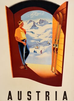 Original Vintage Winter Sports Travel Poster Austria Ebner Skiing Osterreich