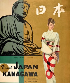 Original Vintage Asia Travel Poster Visit Japan Kanagawa Hakone Enoshima