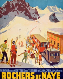 Poster originale d'epoca dedicato agli sport invernali e ai viaggi: Rochers-de-Naye, Svizzera – Ferrovia