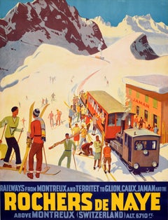 Poster originale d'epoca dedicato agli sport invernali e ai viaggi: Rochers-de-Naye, Svizzera – Ferrovia