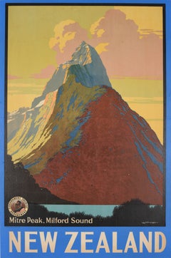 Affiche de voyage vintage originale « Oceania » : Nouvelle-Zélande, Mitre Peak, Milford Sound
