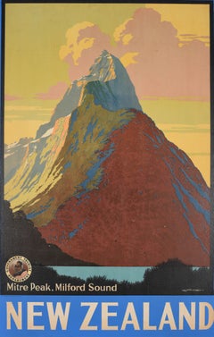 Affiche de voyage vintage originale « Oceania » : Nouvelle-Zélande, Mitre Peak, Milford Sound