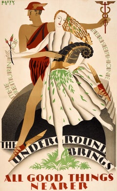 Cartel vintage original del metro de Londres: «All Good Things Nearer Batty»