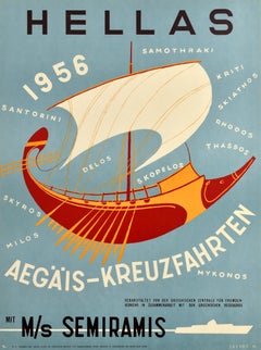 Original Vintage Travel Poster Hellas Aegean Cruises Semiramis Greece Islands