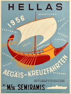Original Vintage Travel Poster Hellas Aegean Cruises Semiramis Greece Islands