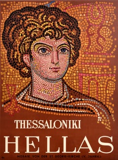 Original Vintage Greek Travel Poster Thessaloniki Hellas Greece Mosaic St George