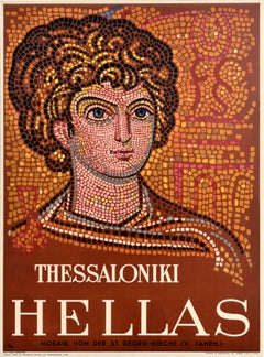 Original Vintage Greek Travel Poster Thessaloniki Hellas Greece Mosaic St George