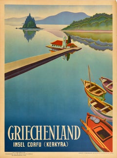 Original Vintage Greek Travel Poster Corfu Island Greece Vlacherna Monastery