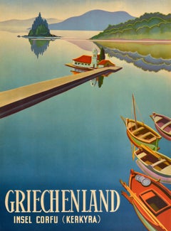 Original Vintage Greek Travel Poster Corfu Island Greece Vlacherna Monastery