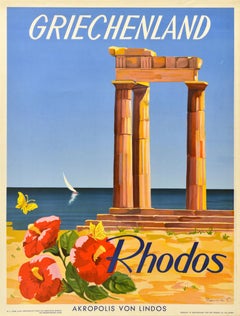 Original Vintage Holiday Travel Poster Rhodes Greece Rhodos Griechenland