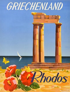 Original Vintage Holiday Travel Poster Rhodes Greece Rhodos Griechenland