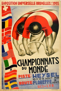Original Vintage Sport Poster Championnats Du Monde Heysel Floreffe Art Deco