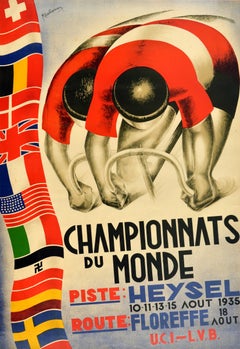 Original Vintage Sport Poster Championnats Du Monde Heysel Floreffe Art Deco