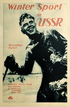 Original Vintage Soviet Travel Poster Winter Sport In USSR Intourist Skiing