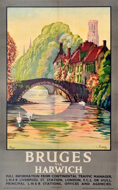 Original Vintage Travel Advertising Poster Bruges Via Harwich LNER Belgium