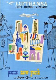 Original Vintage Travel Advertising Poster Lufthansa Paris New York Michel Brand