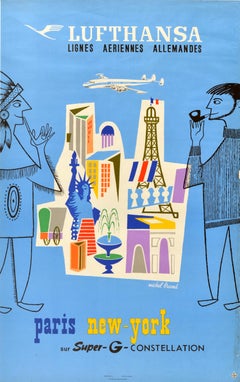 Original Vintage Travel Advertising Poster Lufthansa Paris New York Michel Brand