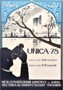 Cartel publicitario original de época de una película soviética sobre viajes, «Unica 78», Bakú, Azerbaiyán