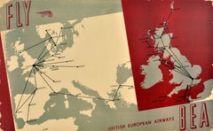 Original Vintage Travel Advertising Poster Fly BEA British European Airways Map