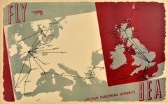Original Vintage Travel Advertising Poster Fly BEA British European Airways Map