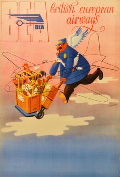 Original Vintage Advertising Poster BEA British European Airways Luggage Porter