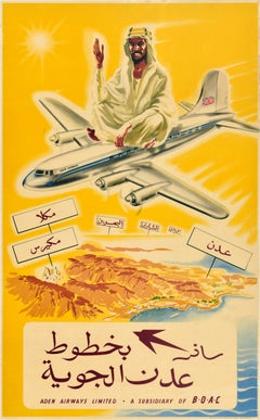 Original Vintage Airline Travel Advertising Poster Aden Airways BOAC Arabic