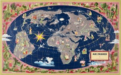 Original Vintage Travel Poster Air France Jet Age Planisphere Lucien Boucher