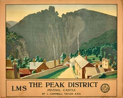 Original Antique Travel Poster The Peak District Peveril Castle LMS Castleton