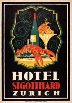 Original Antique Switzerland Travel Advertising Poster Hotel St Gotthard Zurich