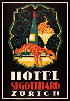 Original Antique Switzerland Travel Advertising Poster Hotel St Gotthard Zurich