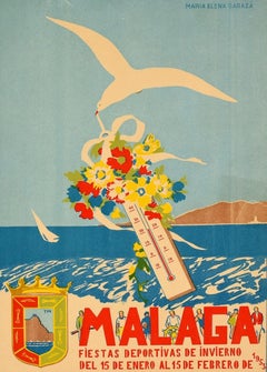 Original Vintage Travel Poster Malaga Spain Winter Sport Festival Costa del Sol