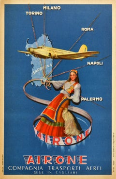 Original Vintage Travel Advertising Poster Airone Compagnia Trasporti Aerei