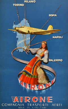 Original Vintage Travel Advertising Poster Airone Compagnia Trasporti Aerei