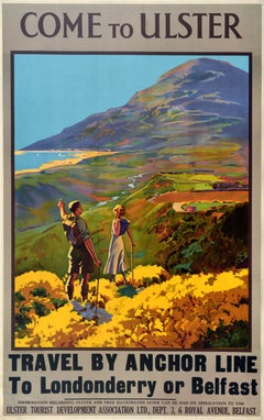 Original Vintage Travel Poster Come to Ulster Travel By Anchor Line Hiking