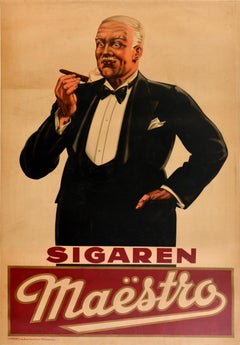 Original Antique Art Deco Tobacco Advertising Poster Sigaren Maestro Cigars