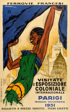 Cartel vintage original de la Exposición Colonial de París, Dransy, 1931, Ferrocarriles Franceses