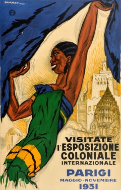 Cartel vintage original de la Exposición Colonial de París, Dransy, 1931, Ferrocarriles Franceses