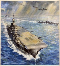 Original Vintage War Poster Britain's Sea Power Savings WWII Aircraft Carrier