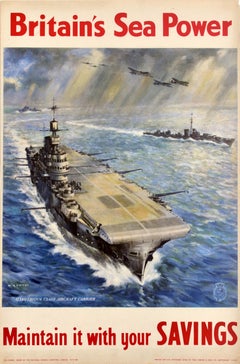 Original Vintage War Poster Britain's Sea Power Savings WWII Aircraft Carrier