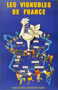 Original Vintage Drink Advertising Poster Vineyards Of France Cockerel Vignobles