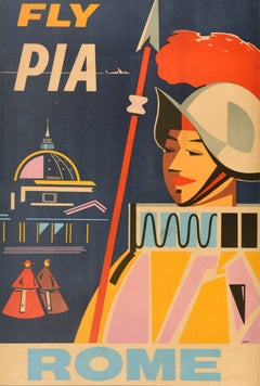 Original Vintage Travel Poster Fly PIA Rome Pakistan International Airlines