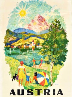 Original Vintage Travel Poster Austria Mountains Lake Wettach Parasol Sun