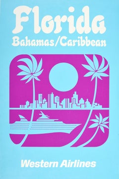 Original Vintage Travel Poster Florida Bahamas Caribbean Western Airlines